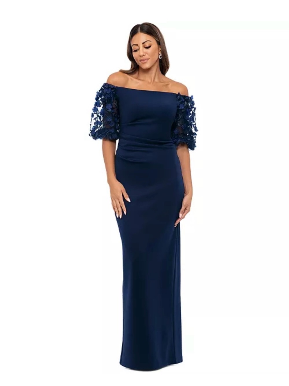 Xscape Navy One-Shoulder Evening Gown with 3D Floral Sleeves Formal - Picture 6 of 16